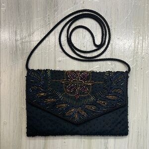 Elegant Black Satin Beaded Evening Bag/Clutch
